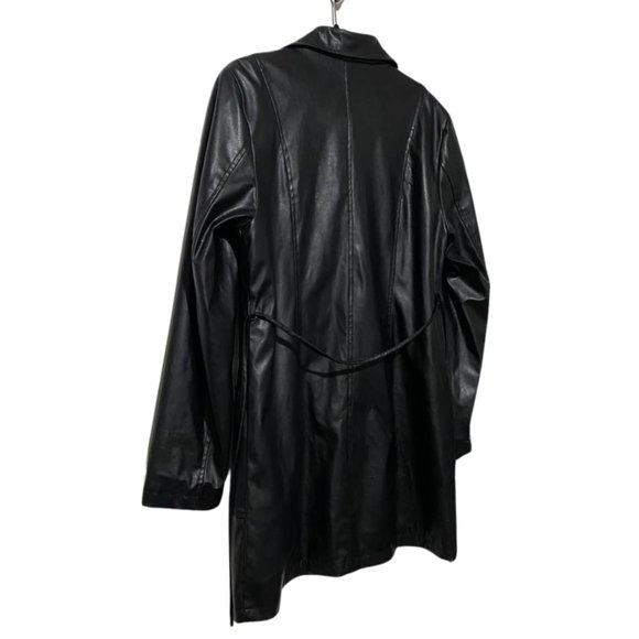 Marcelle Renee Classic Black Faux Leather Trench Coat Belted Jacket Medium M - Picture 8 of 14